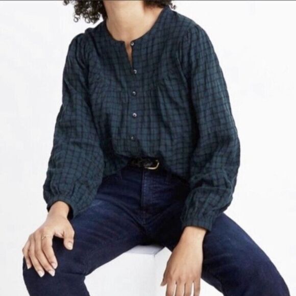 MADEWELL Plaid Balloon-Sleeve Peasant Top Sz M - Picture 3 of 9